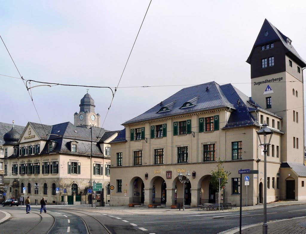 Plauen- Blick auf die Sparkasse u.die ehem. Feuerwache, heute Jugendherberge, in der Neundorfer Strasse