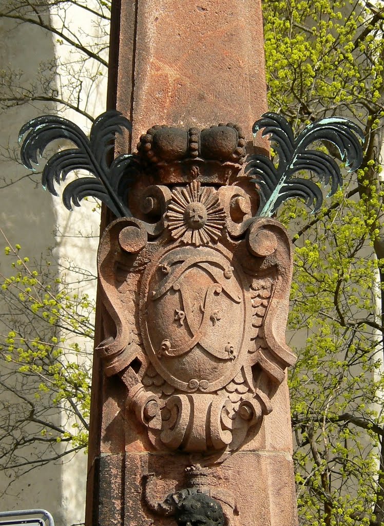 Schloss Altenburg  -  Blick auf das Wappen über Herkules am Obelisk an der Schlossauffahrt