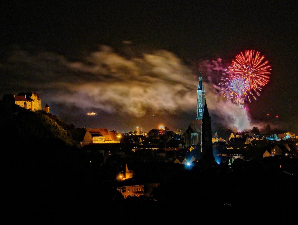 #9 St. Martin and St. Jodok from Carossahöhe by night with fireworks, Landshut