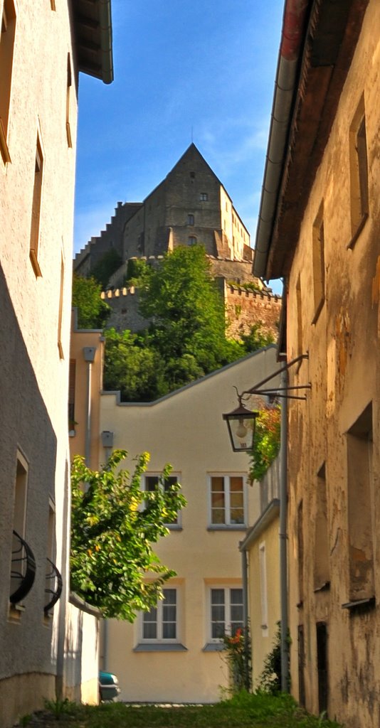 Burghausen, Burg gesehen aus Pater-Celerin-Gaßl