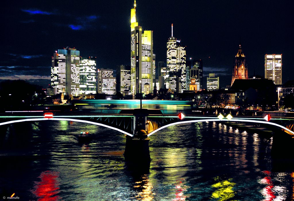 Cyan Tram Crossing River at Night 2009