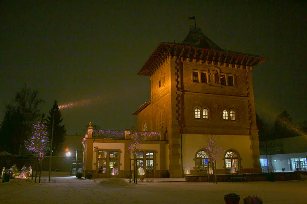 Das Brauhaus an der Gartenschau in Kaiserslautern bei Schneefall in der Nacht 20101216