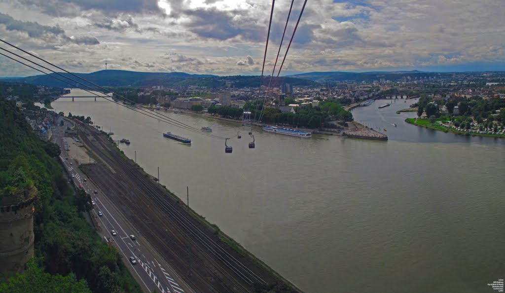 GER Koblenz City & [Rhein & Mosel] (Deutsches Eck) from Rheinseilbahn {speedy 25km/h} Panorama by KWOT