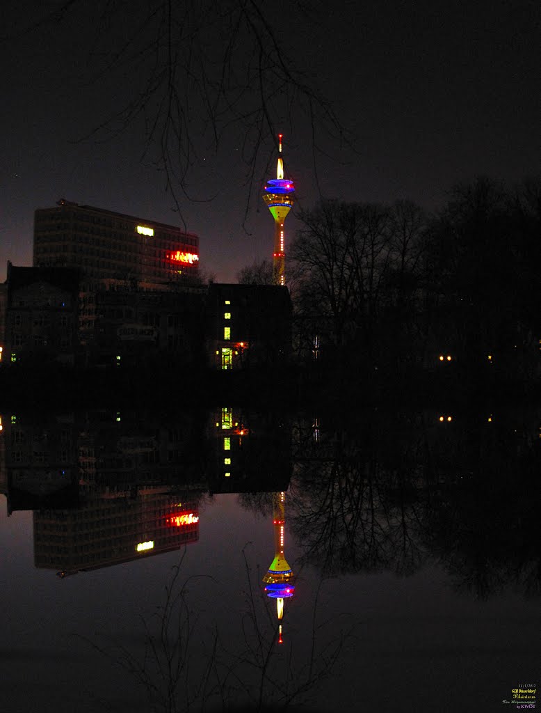 GER Duesseldorf Rheinturm from Schwanenspiegel Kaiserteich in the night by KWOT