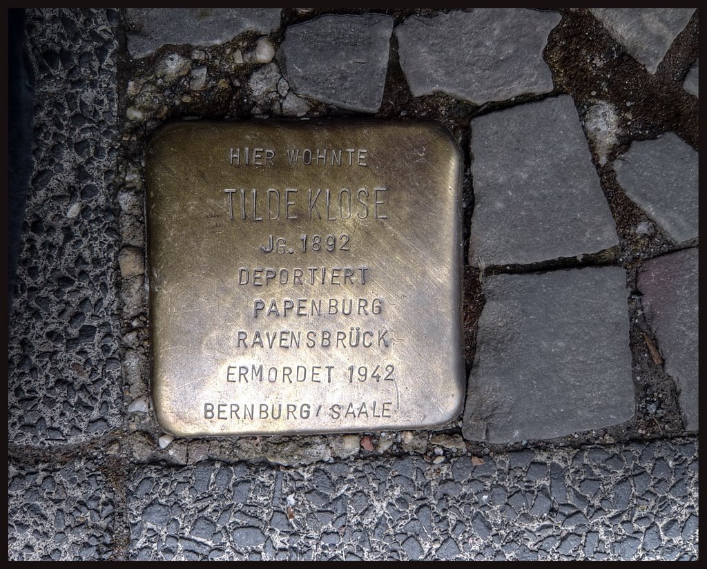 Tilde Klose, geb. 1892. Deportiert Papenburg, Ravensbrück. Ermordet 1942 Bernburg / Saale