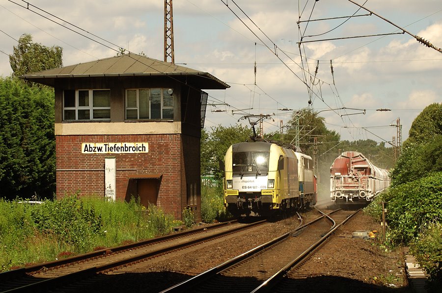Fotostandort Tiefenbroich mit Stellwerk, Blickrichtung Duisburg