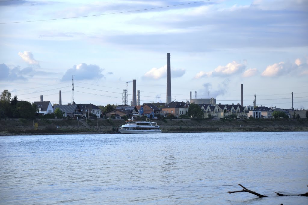 Rhine Impressions: View of "Urfeld" / Germany seen from "Niederkassel / Rheidt". In the background, the shell - Refinery. Photographed in September 2012. Urfeld am Rhein, gesehen von Niederkassel. September 2012