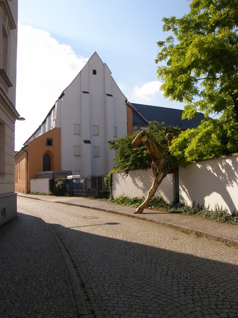 Opava - půl koně s jezdcem projíždí zdí (half horse and rider passes through that wall), 2