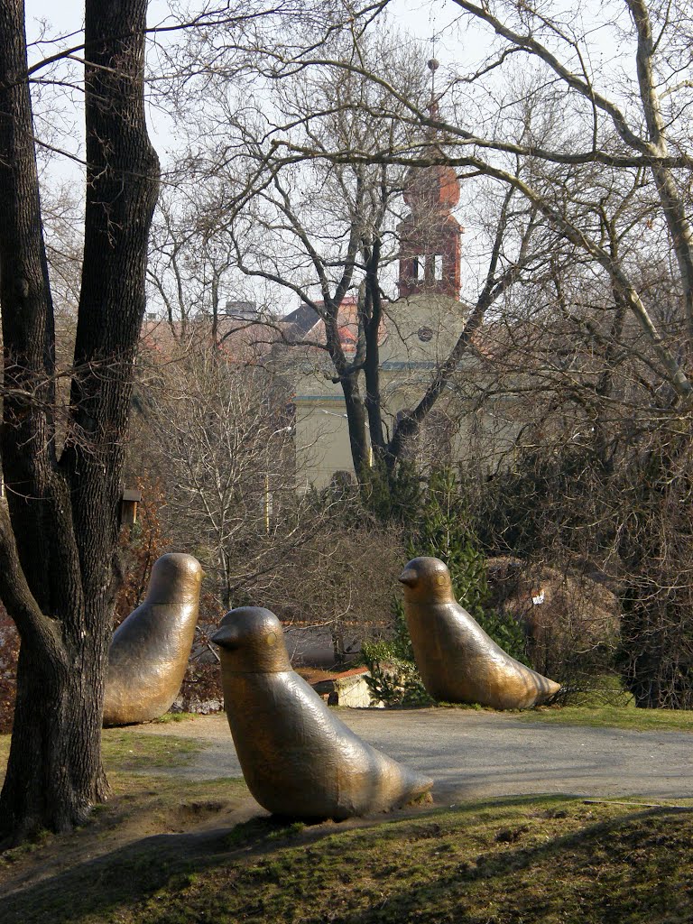 Opava - tři kovoví ptáci v parku a kostel Sv. Jana v pozadí (three metal birds in the park and the church of St. John in the background)