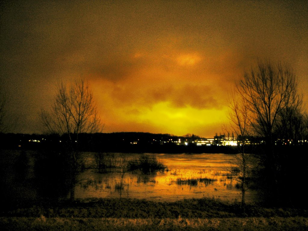 Licht van kassen reflectie in Maas