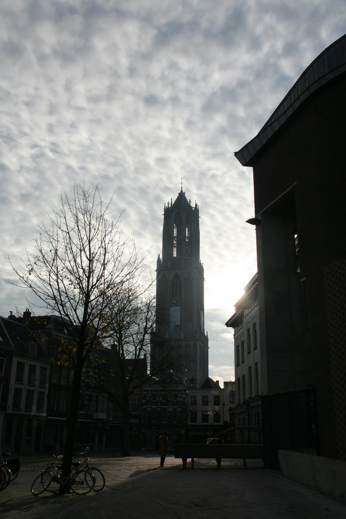 Domtower and cityhall in counterlight, Utrecht.
