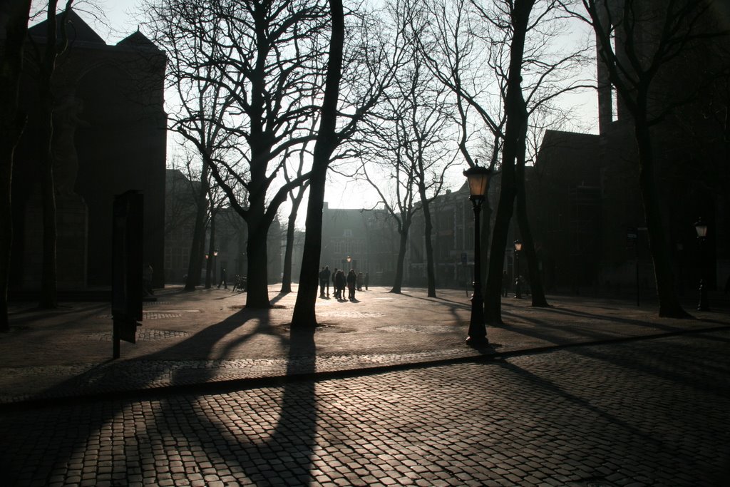 Domplein (tower-division space since 1674) in counterlight; Utrecht winter