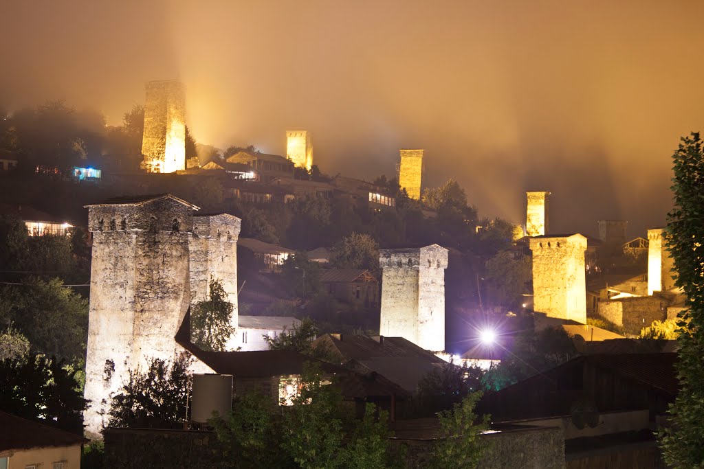 Fogy night in Mestia, Svaneti, Georgia. ნისლიანი ღამე მესტიაში, სვანეთი