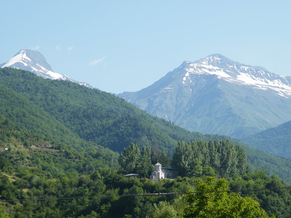 View of Sheubani Church & Mt. Shoda from Moedani, Oni