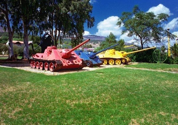 Captured Syrian SD-100 Self-Propelled Guns  in a playground, Kiryat Shmona, Upper Galilee (10/1996)