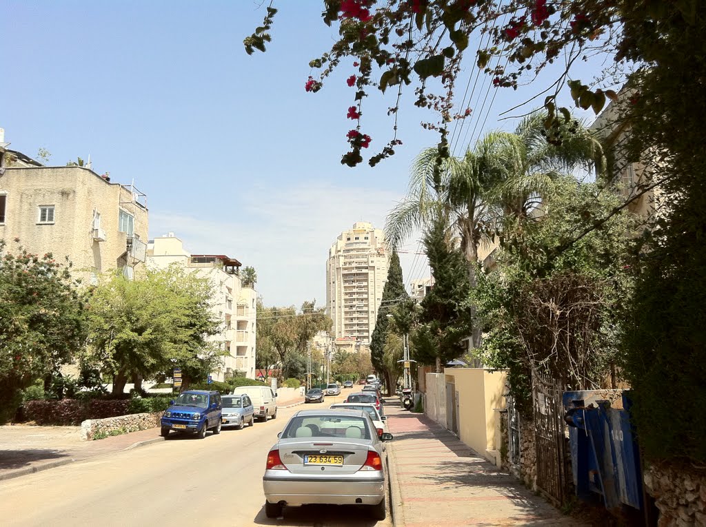 Tabak St. with Tzameret tower in the background, Ramat Hasharon, April 2011