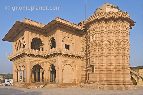 The yellow sandstone Ganga Mandir is a temple that is noted for its fine and detailed carving.