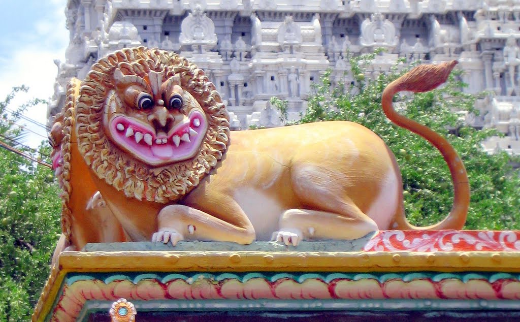 León multicolor en un templete  Tiruvannamalai