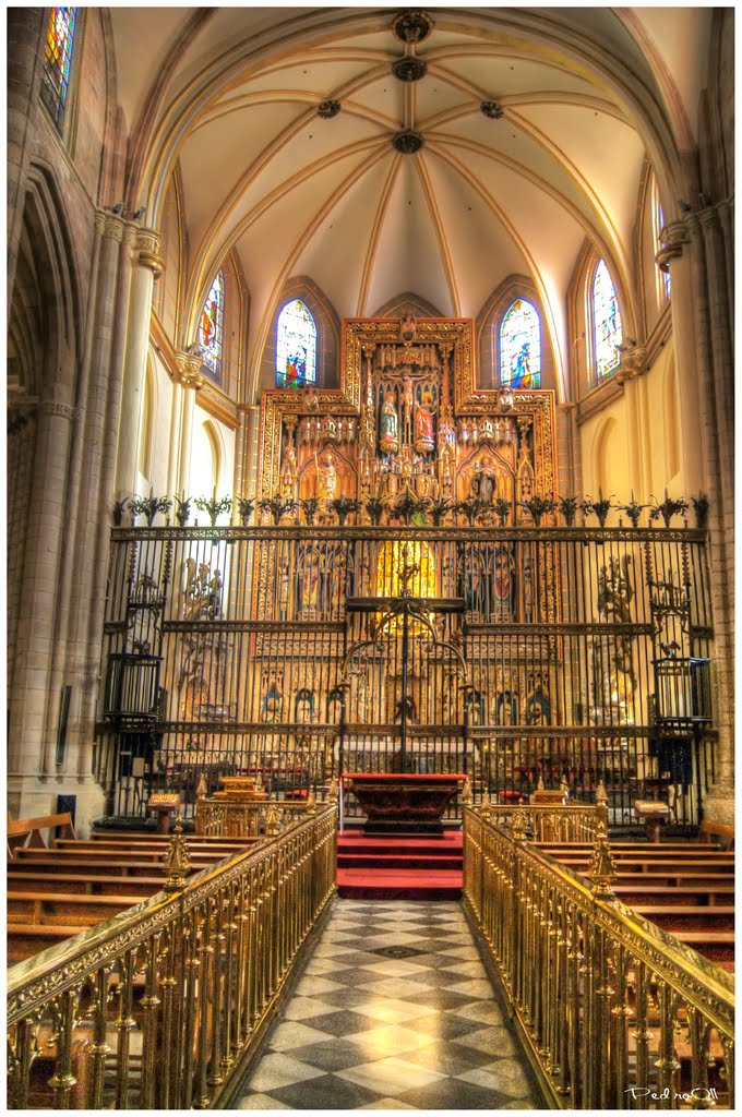 Vista de la Capilla Mayor, con la reja de Antón de Viveros (siglo XV) y el retablo neogótico.