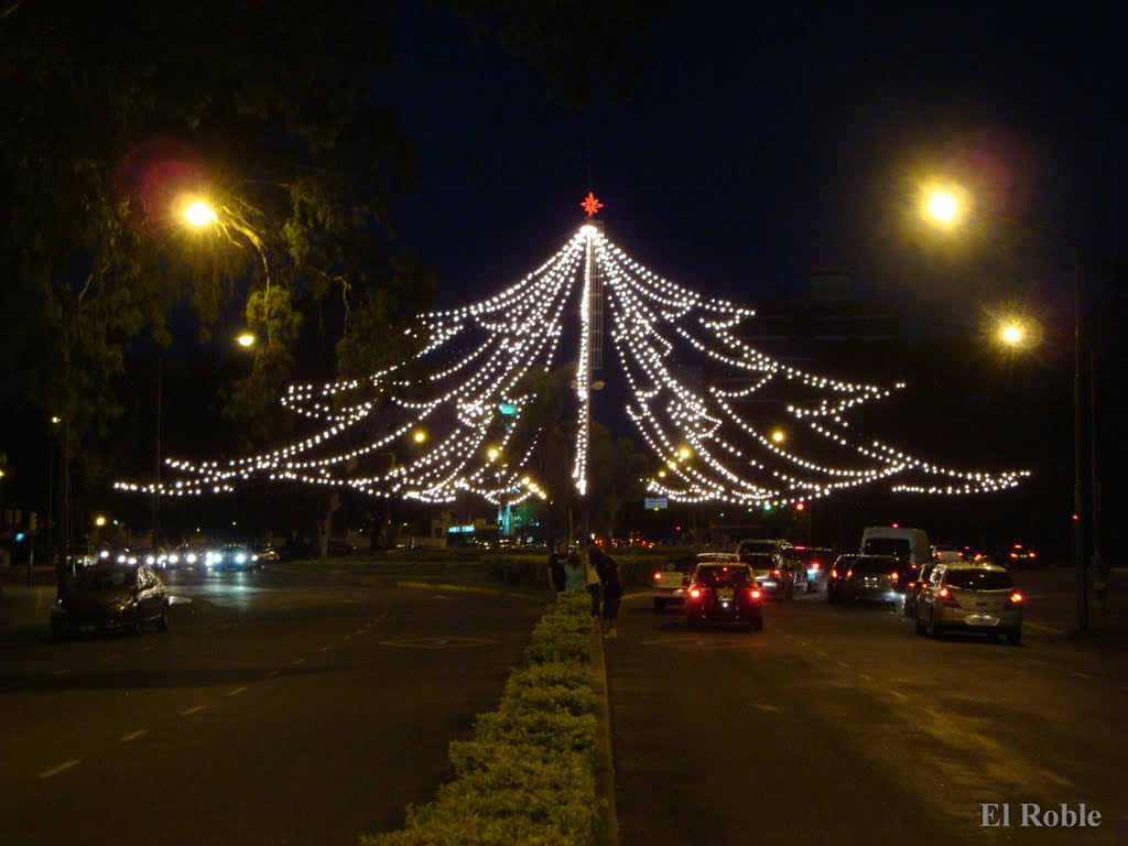 Arbol de luces que se arma para navidad en Rosario, Santa Fe, Argentina