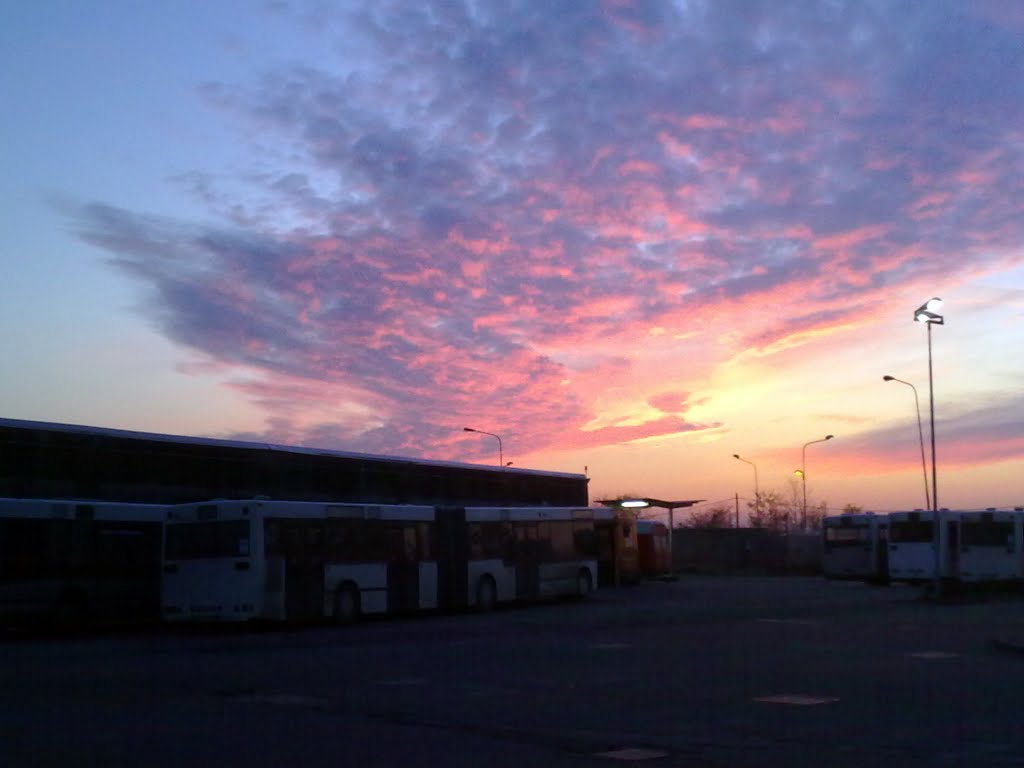 Bus in deposito al tramonto