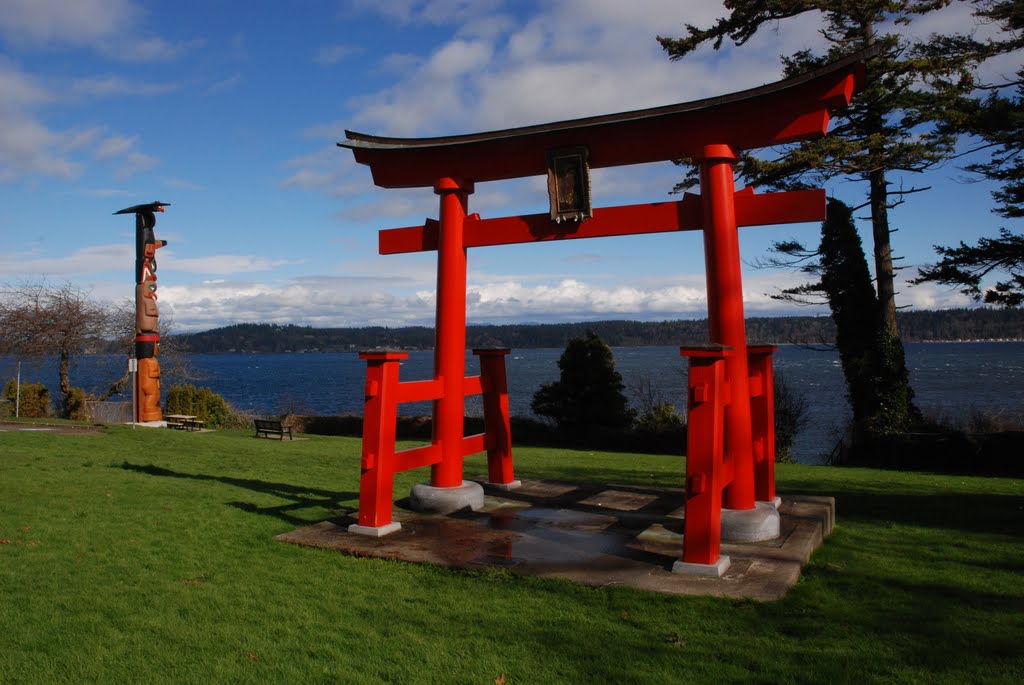 Torii and Totem Pole Overlooking Discovery Passage
