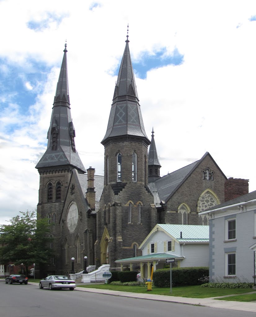 First Presbyterian Church.  These steeples are a distinctive mark on the Brockville skyline.  Does the one steeple look crooked to you? It is, and it was built that way.  It is clad in slate tiles.