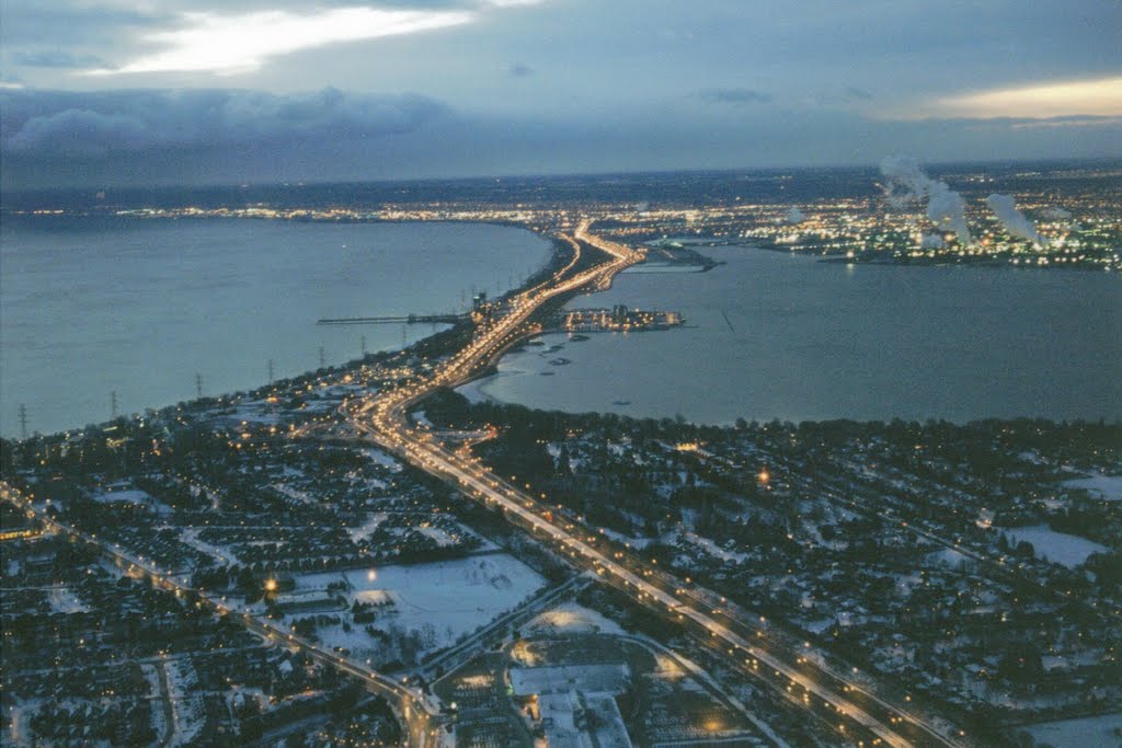 Aerial View of Burlington Bay Skyway Bridge in Winter Before Sunrise - Hamilton at Top, Burlington at Bottom