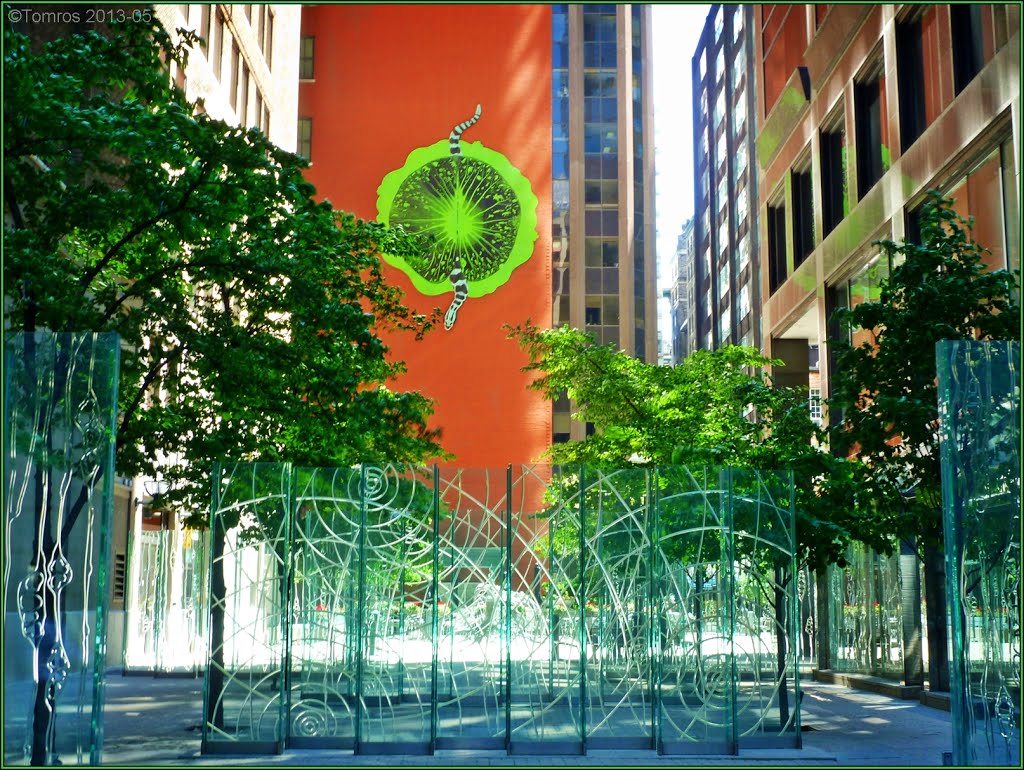 Bright corner in the shadows of downtown towers. Adelaide Street Courtyard installation.  Stacey Spiegel -1991. The artist calls this "Synthetic Eden".