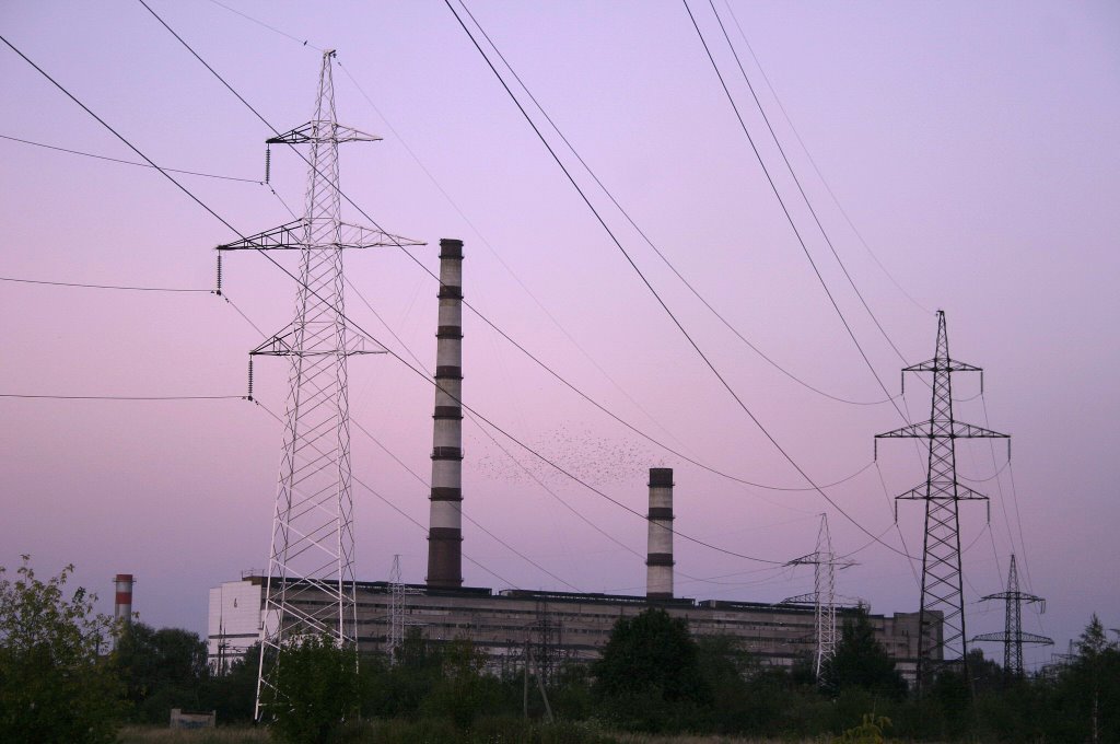 Высоковольтные линии Березовской ГРЭС/Night View of Berezovskaya Power Station
