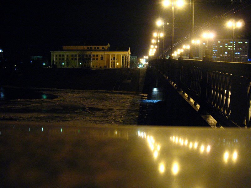 View from the bridge over Dźvina to the west bank in Viciebsk at night