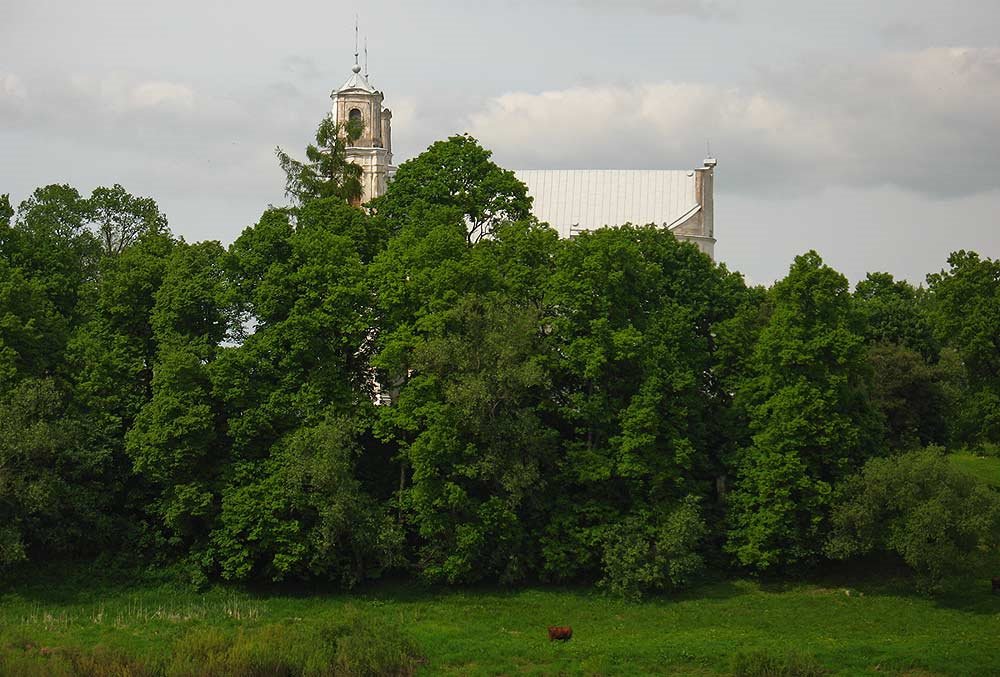 View to the Saint Mary the Virgin church in Prydrujsk (Piedruja, Latvia) from the Belarusian bank of Dźvina