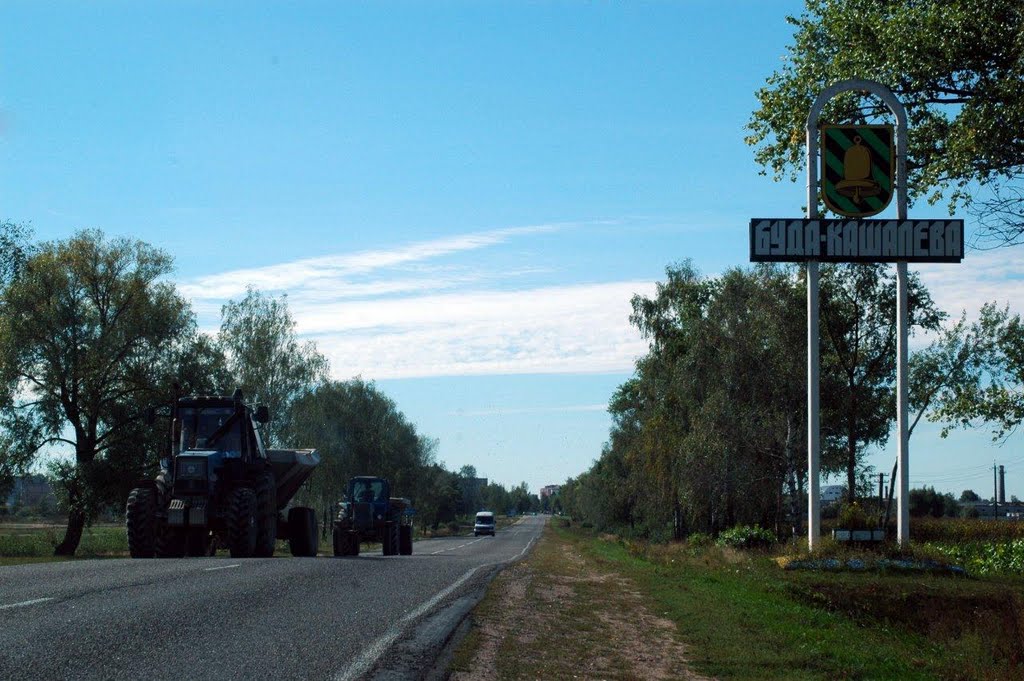 Стела при въезде в Буда-Кошёлово, Автодорога Р-38, Гомельская область, Беларусь