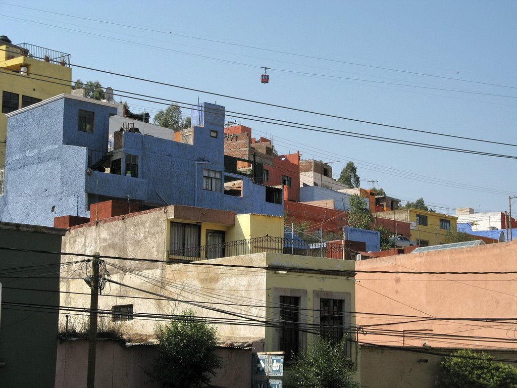 The Zacatecas cable car above houses