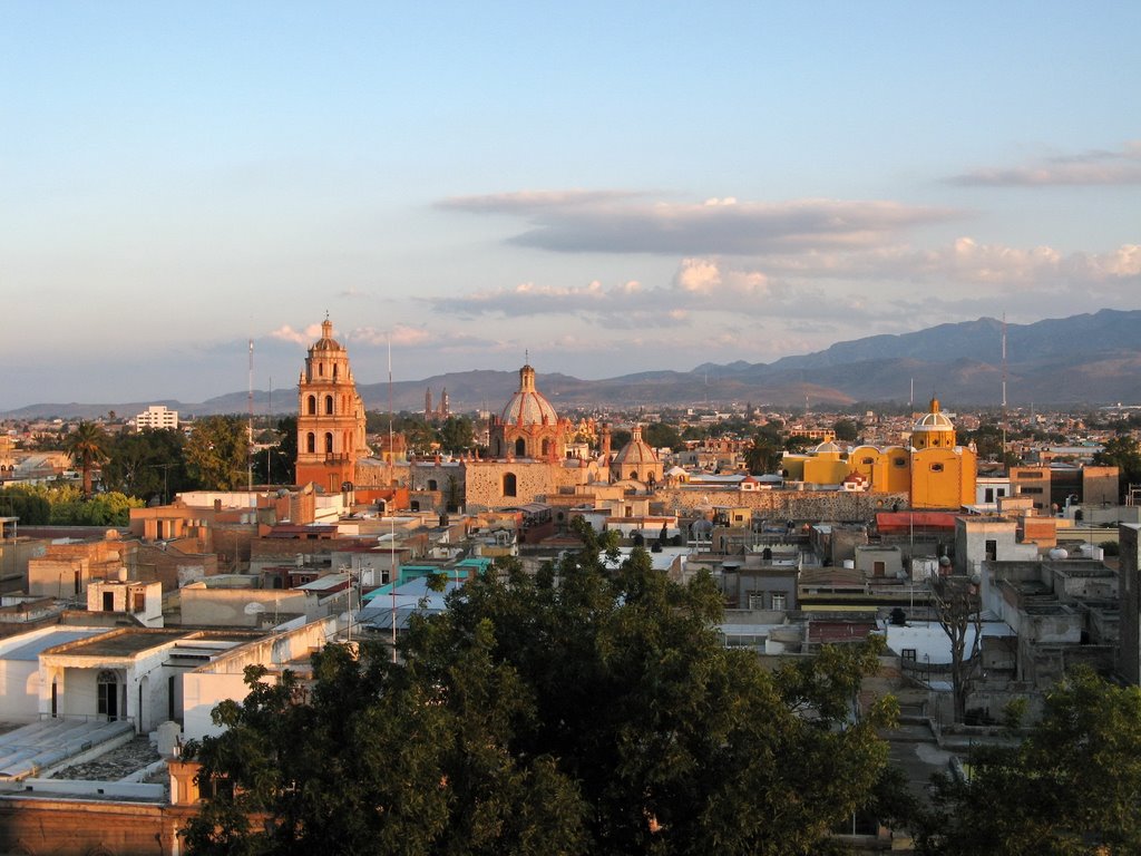 View of churches at sunset, south from Hotel Panorama
