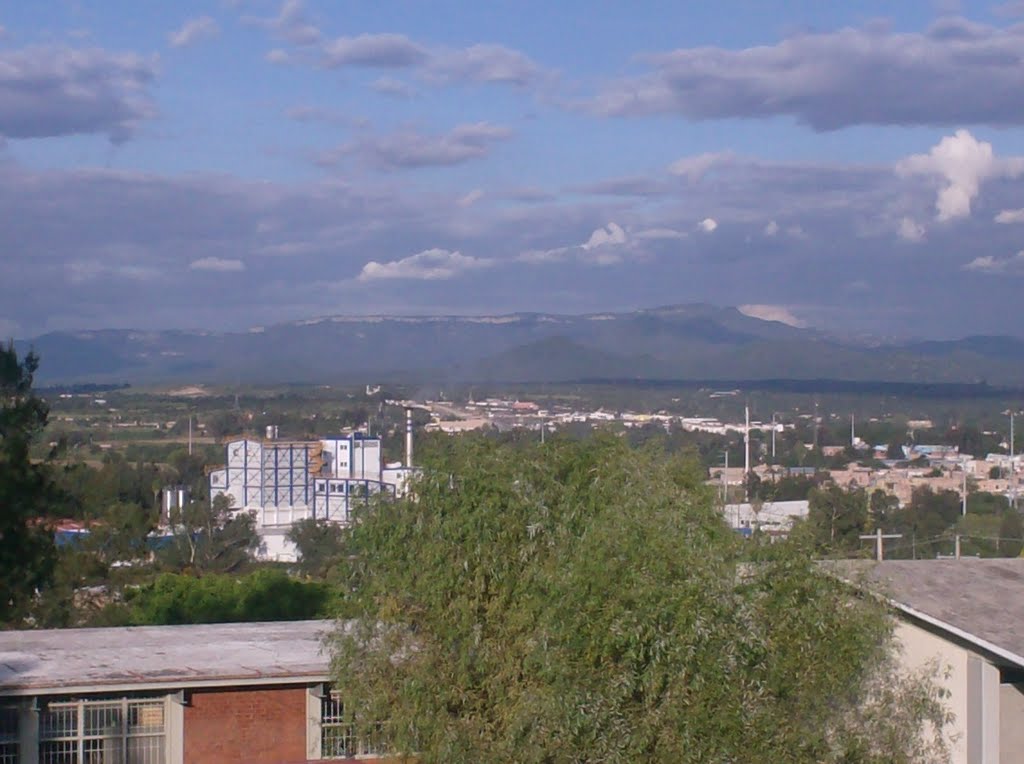 Fabrica de la "Nestle", al fondo la Sierra de Comanja.