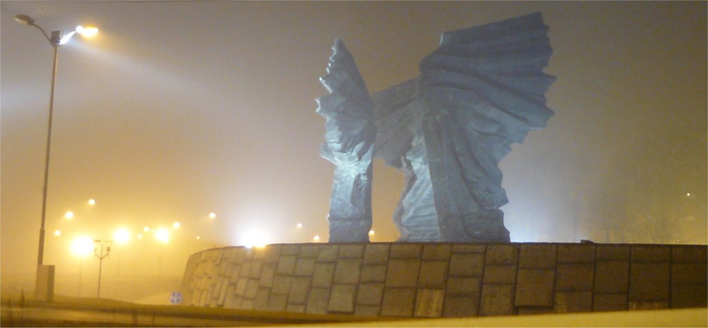 pomnik we mgle