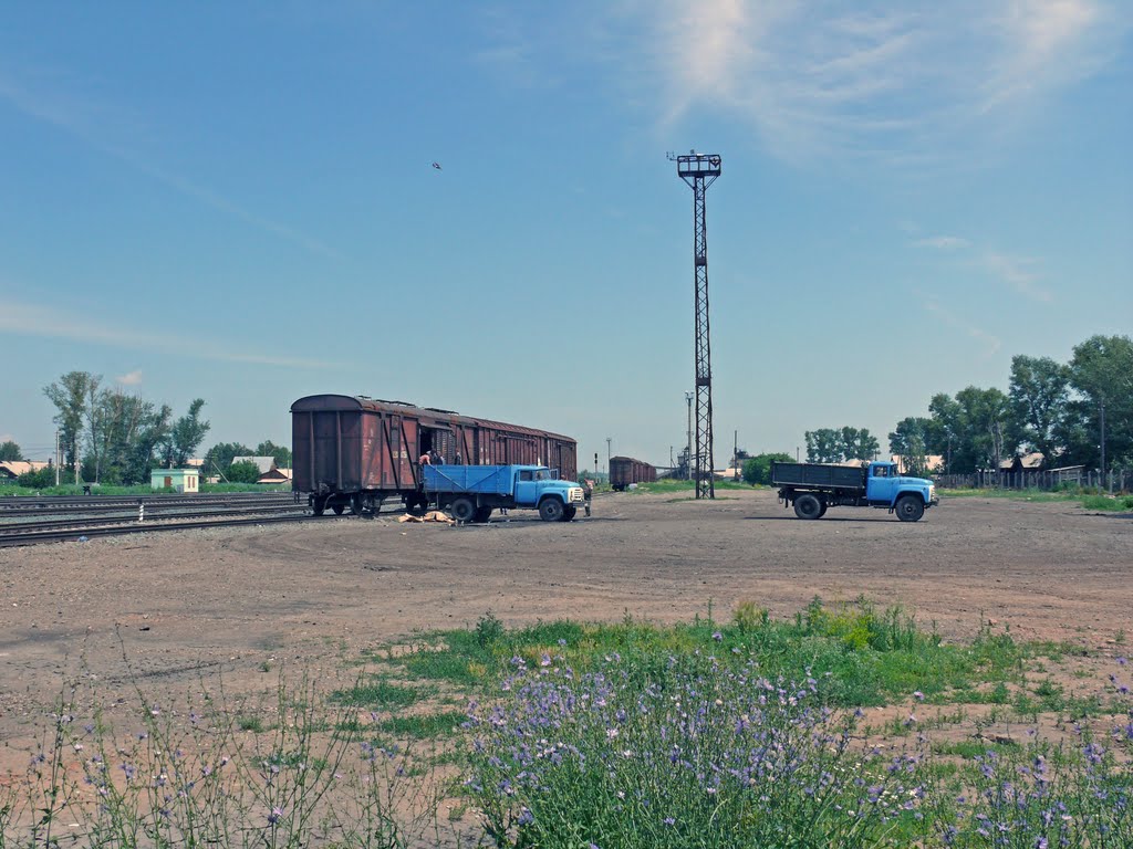 Станция Алейская. Усиленная погрузка или разгрузка муки. Aleysk rail yard. The rush of charging or discharging flour sacks.