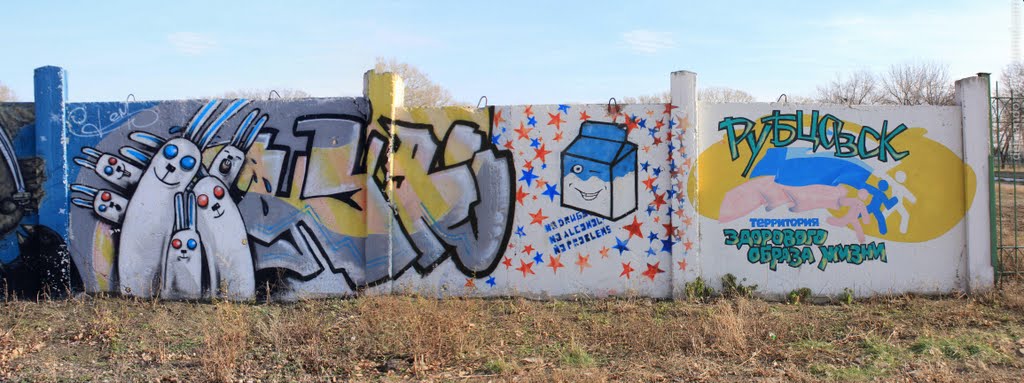 Drugs-Fighting Graffiti on the Fence of Sports Complex Yubileyniy