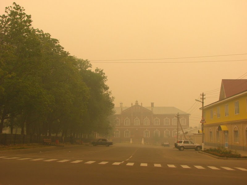 Дым лесных пожаров в Меленках. Вид на парк и школу № 1 (The smoke of forest fires in the Melenki. View of the park and school № 1)