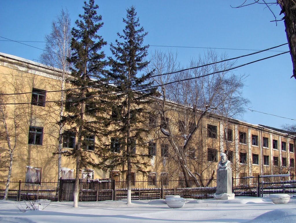 Памятник Ленину во дворе разрушенной фабрики.
