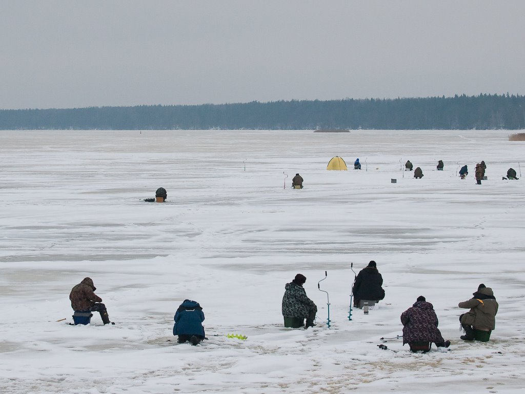 Fishermans on the ice of Volga