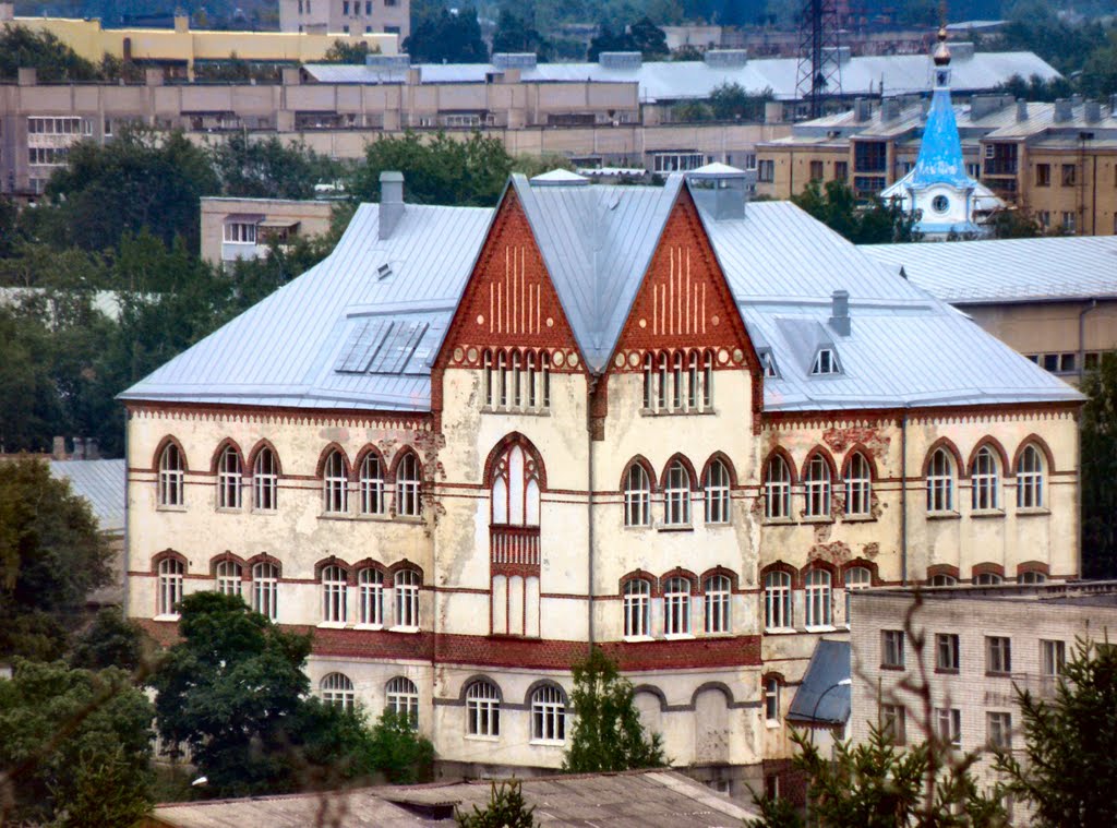 Карелия. Сортавала. Вид с горы Кухавуори на старинное здание (увел. 20 крат).