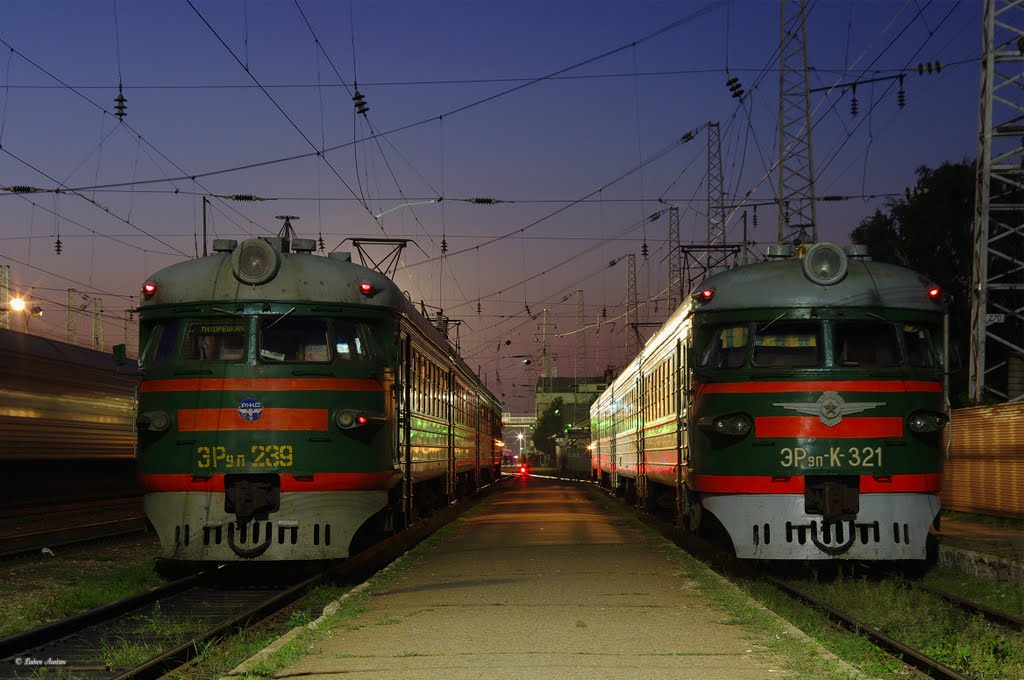 EMU-trains ER9P-239 and ER9PK-321 / Электропоезда ЭР9П-239 and ЭР9ПК-321 на станции Тихорецкая