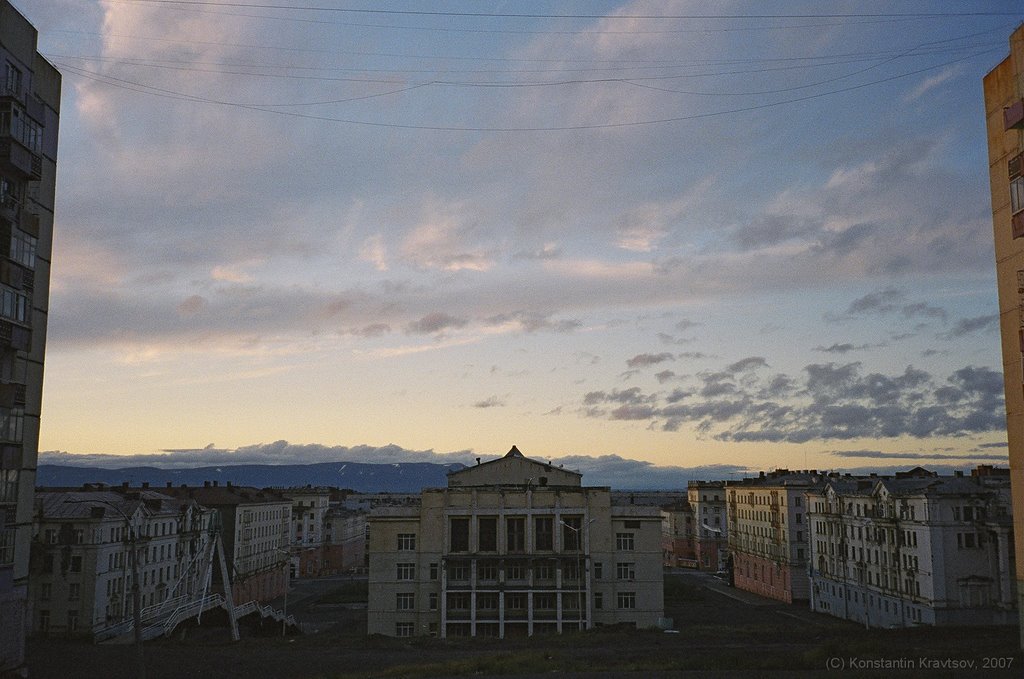The sky over Culture palace, view from Gora, Summer night in Norilsk, July 2007