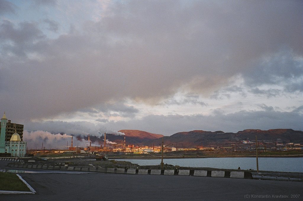 Naberezhnaya, view to Nickel Plant, Summer night in Norilsk, July 2007