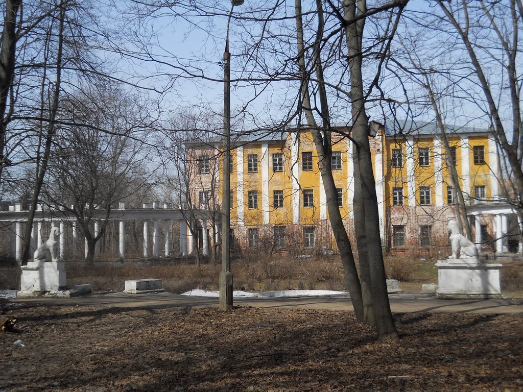В парке Пехра-Яковлевской усадьбы с видом на скульптуры «сфинксов», одну из галерей и Главный корпус (1763-1785) комплекса...