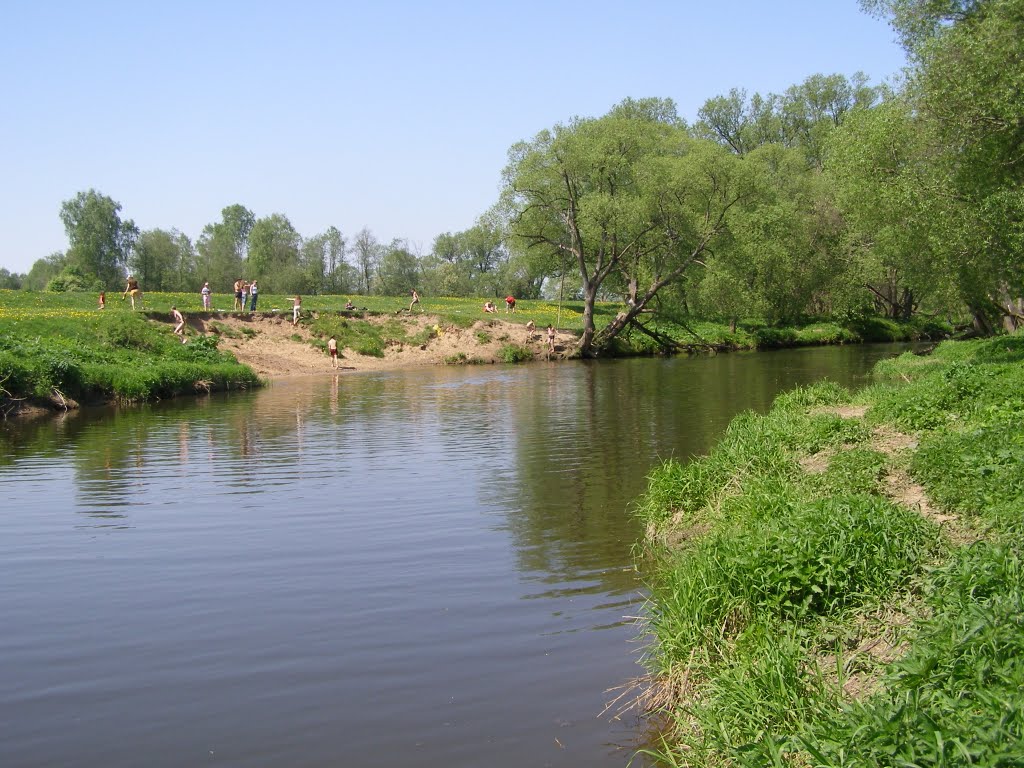 Река Лопасня. Вид на пляж с левого берега. Жаркий май 2007 года.