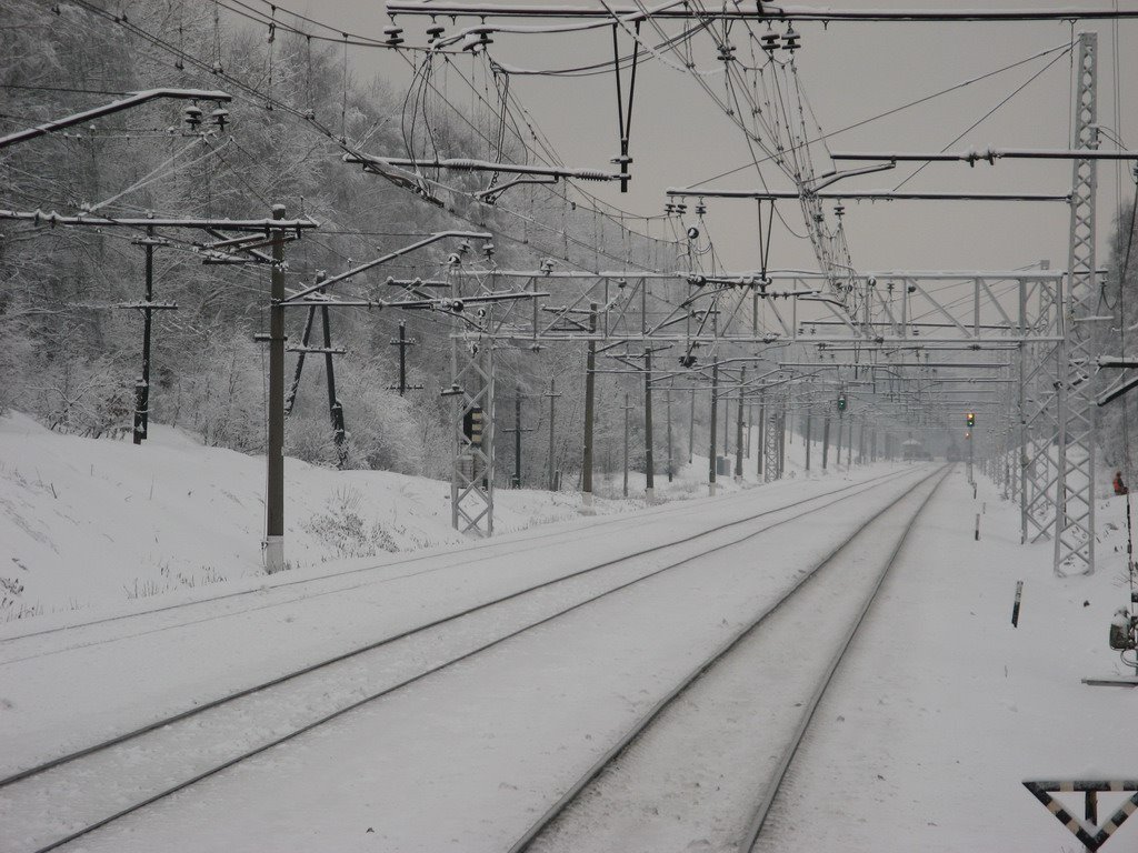 Заснеженный перегон. Вид в сторону Кучино.
