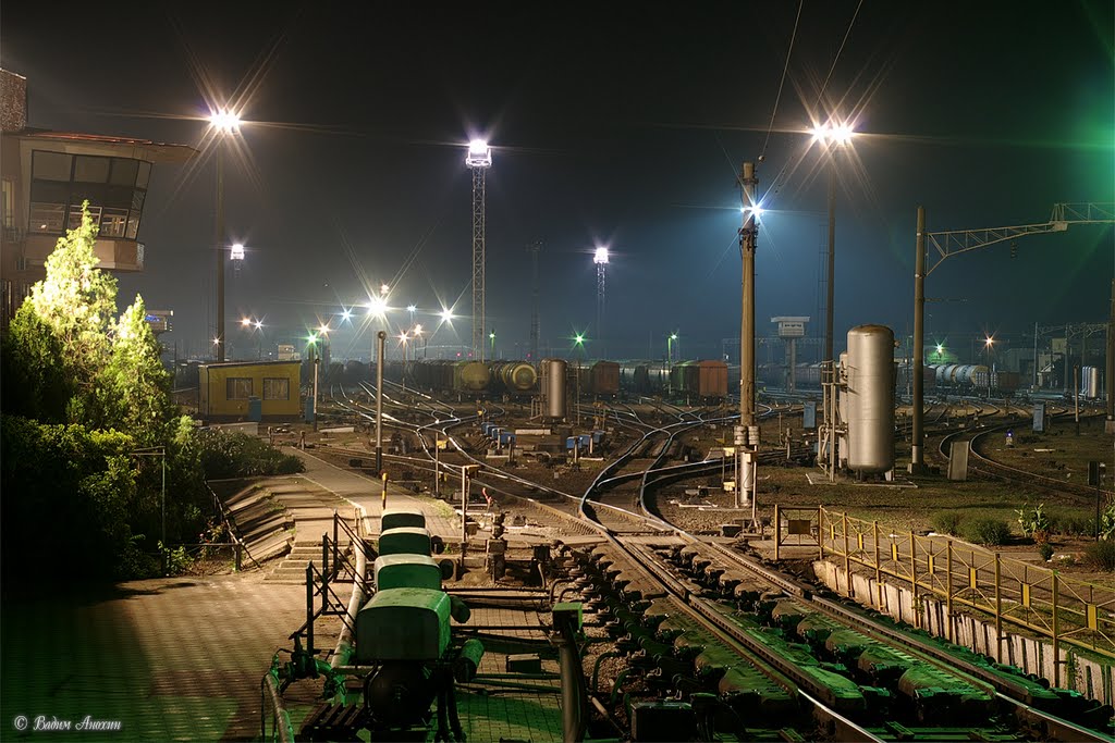 Souths hump yard of Bataysk train station at night